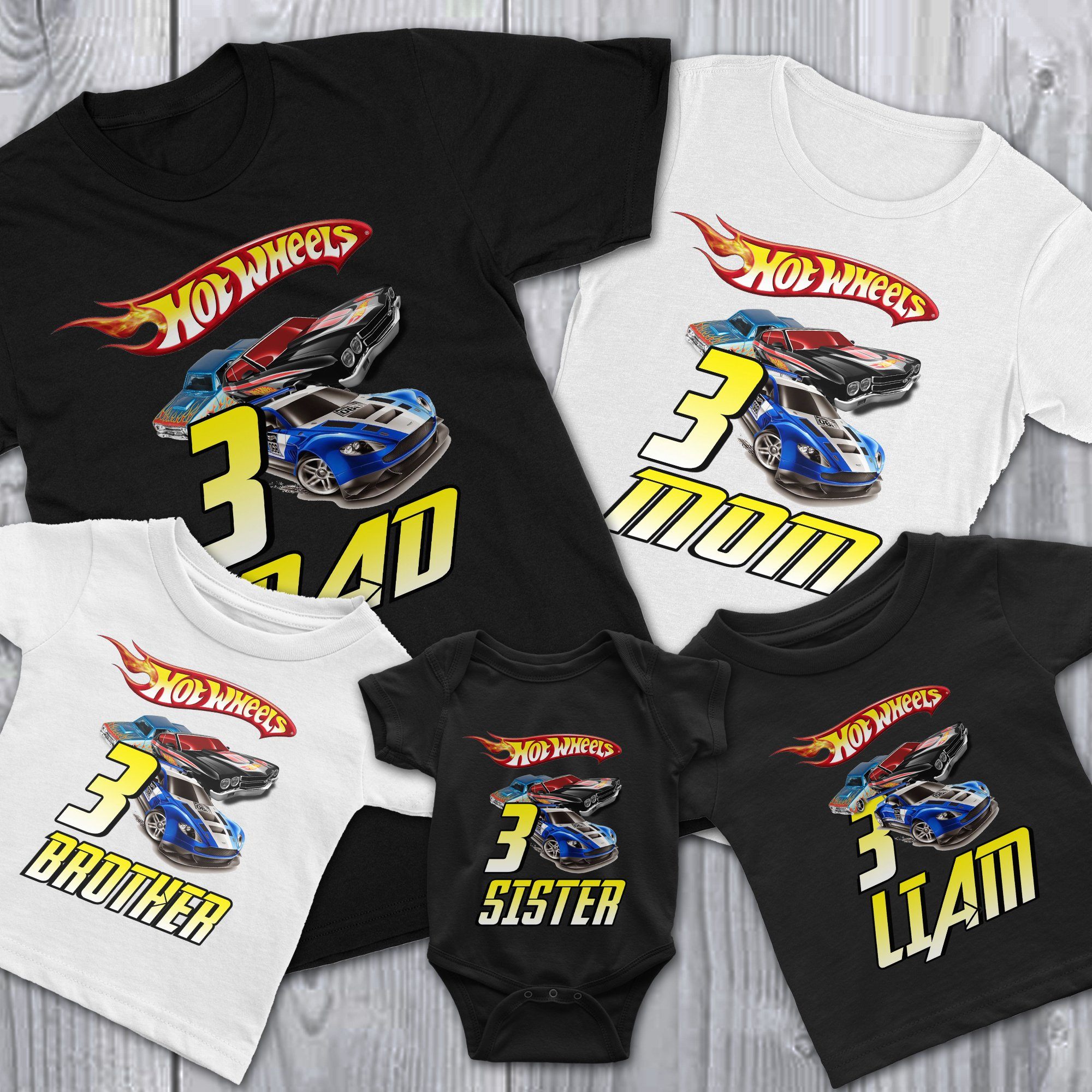 Hot Wheels Fire Tire Birthday Boy Shirt Add Name AGE Personalized Family Party 