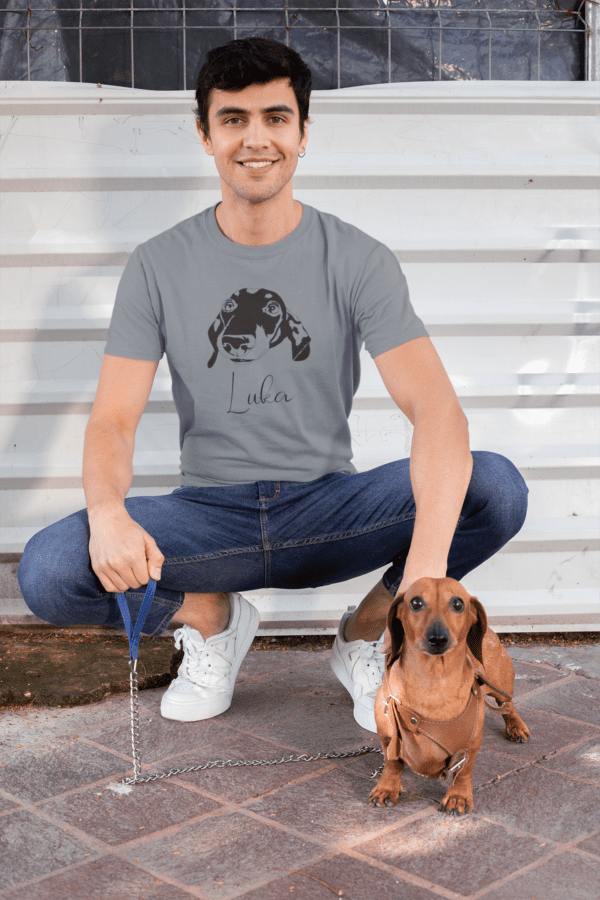 t shirt mockup of a man posing with his dog 30684