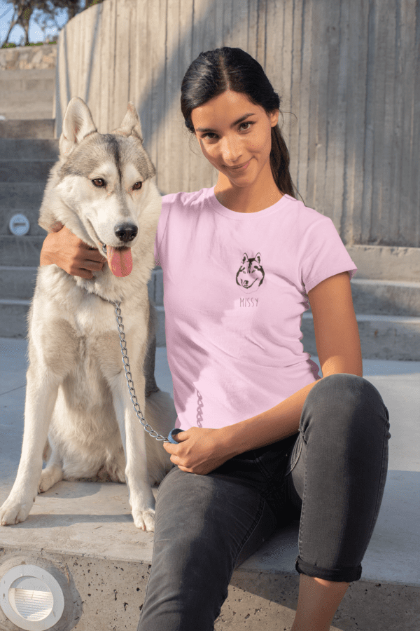 t shirt mockup of a woman posing with her dog 30658
