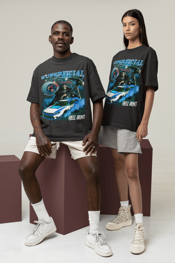 mockup of a man and a woman wearing a tee with customizable sleeves at a studio m26159 1
