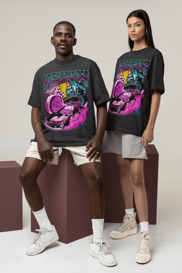 mockup of a man and a woman wearing a tee with customizable sleeves at a studio m26159 5